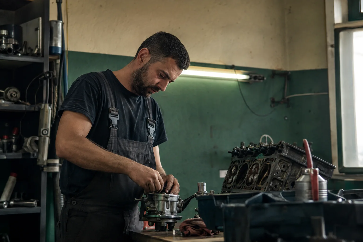 Majstor radi na motoru u auto-radionici